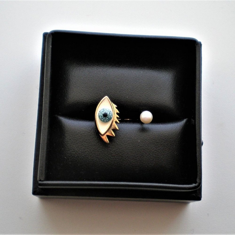 NWOT Delfina Delettrez 9K 375 Gold ANA 1016D Blue White Enamel Pearl Eye Ring